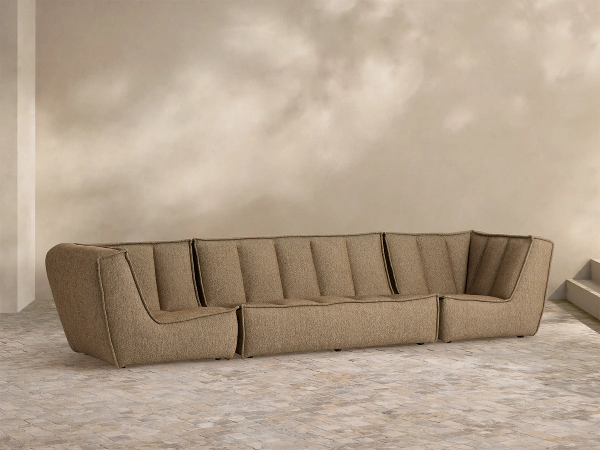 Porto three piece sofa in dark beige fabric with channel stitching