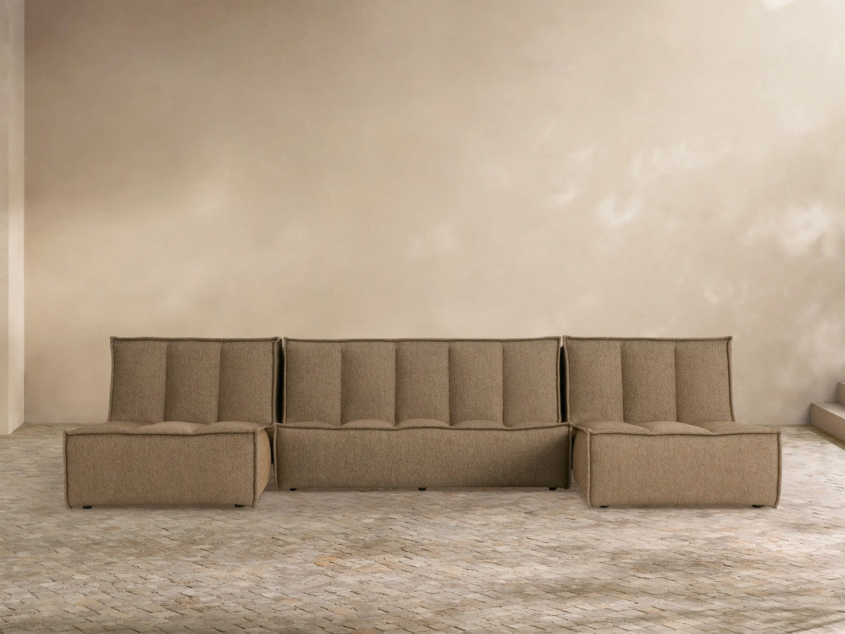 Porto three piece double chaise sectional in dark beige fabric with channel stitching