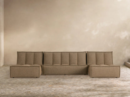 Porto three piece double chaise sectional in dark beige fabric with channel stitching