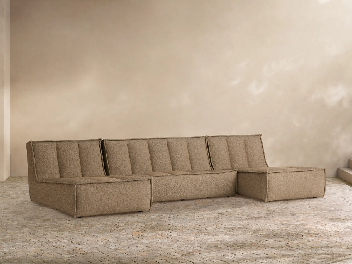 Porto three piece double chaise sectional in dark beige fabric with channel stitching
