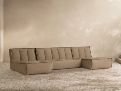 Porto three piece double chaise sectional in dark beige fabric with channel stitching
