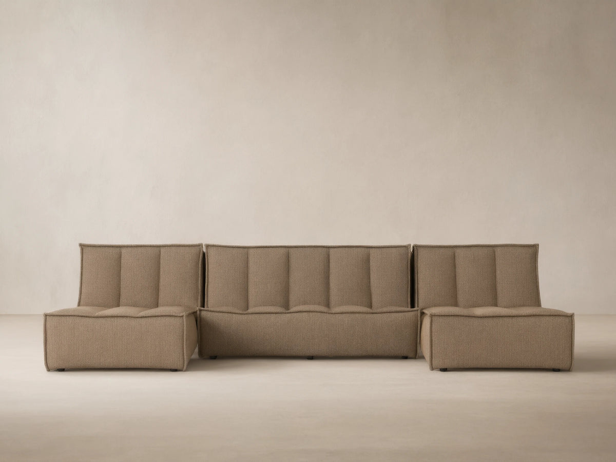 Porto three piece double chaise sectional in dark beige fabric with channel stitching