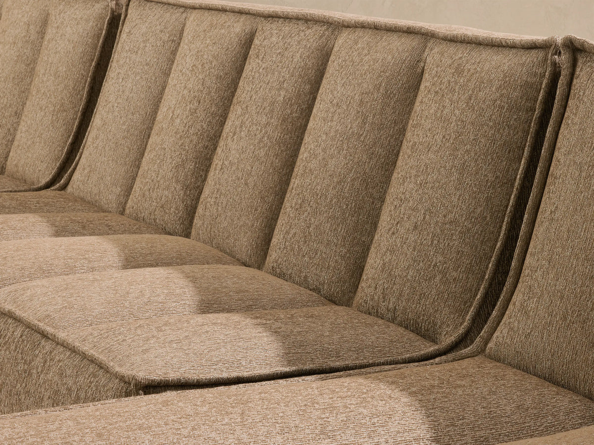 Porto three piece double chaise sectional in dark beige fabric with channel stitching