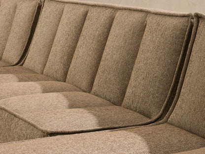 Porto three piece double chaise sectional in dark beige fabric with channel stitching