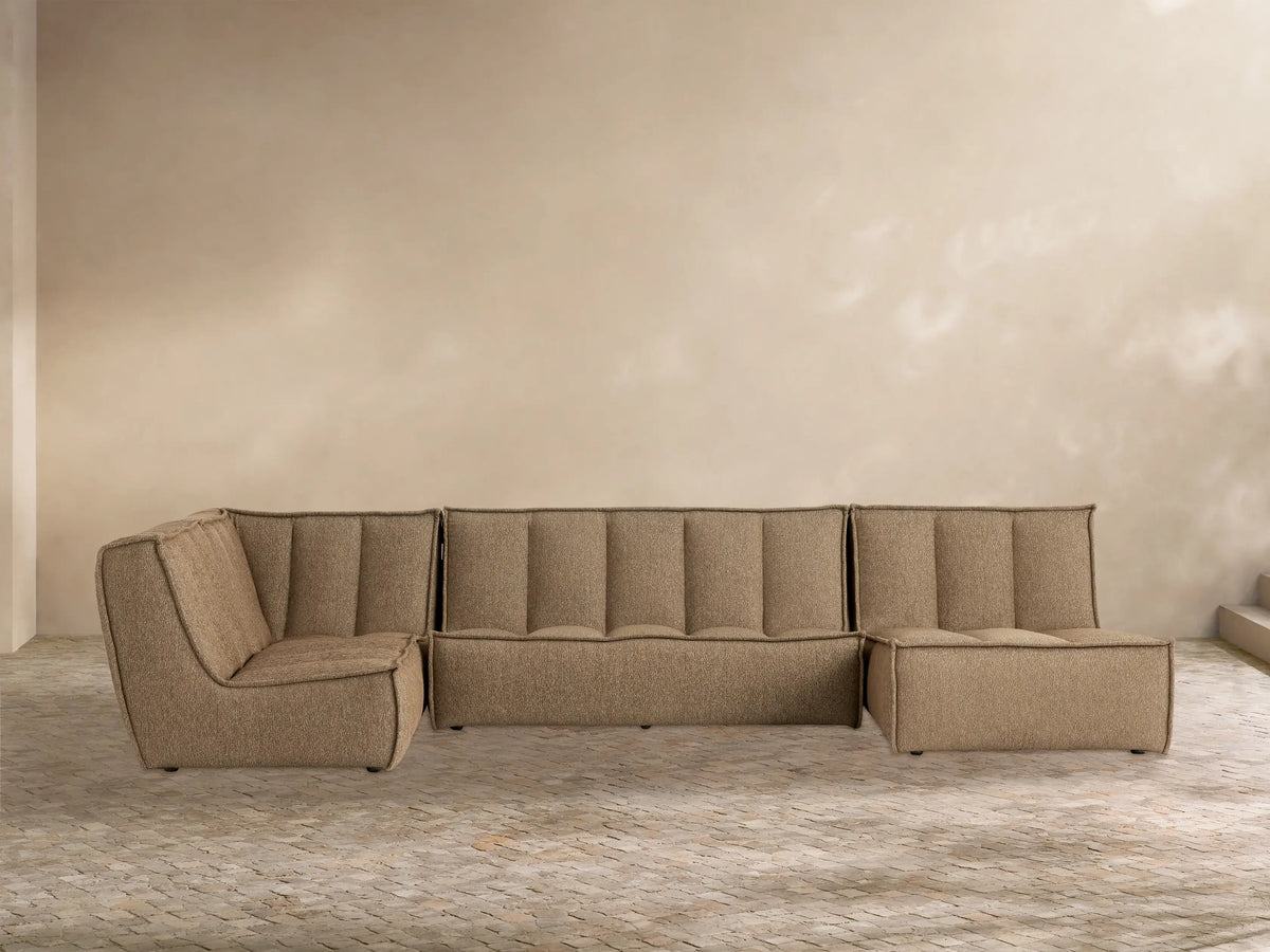 Porto three piece chaise sectional in dark beige fabric with channel stitching