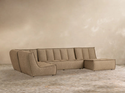 Porto three piece chaise sectional in dark beige fabric with channel stitching