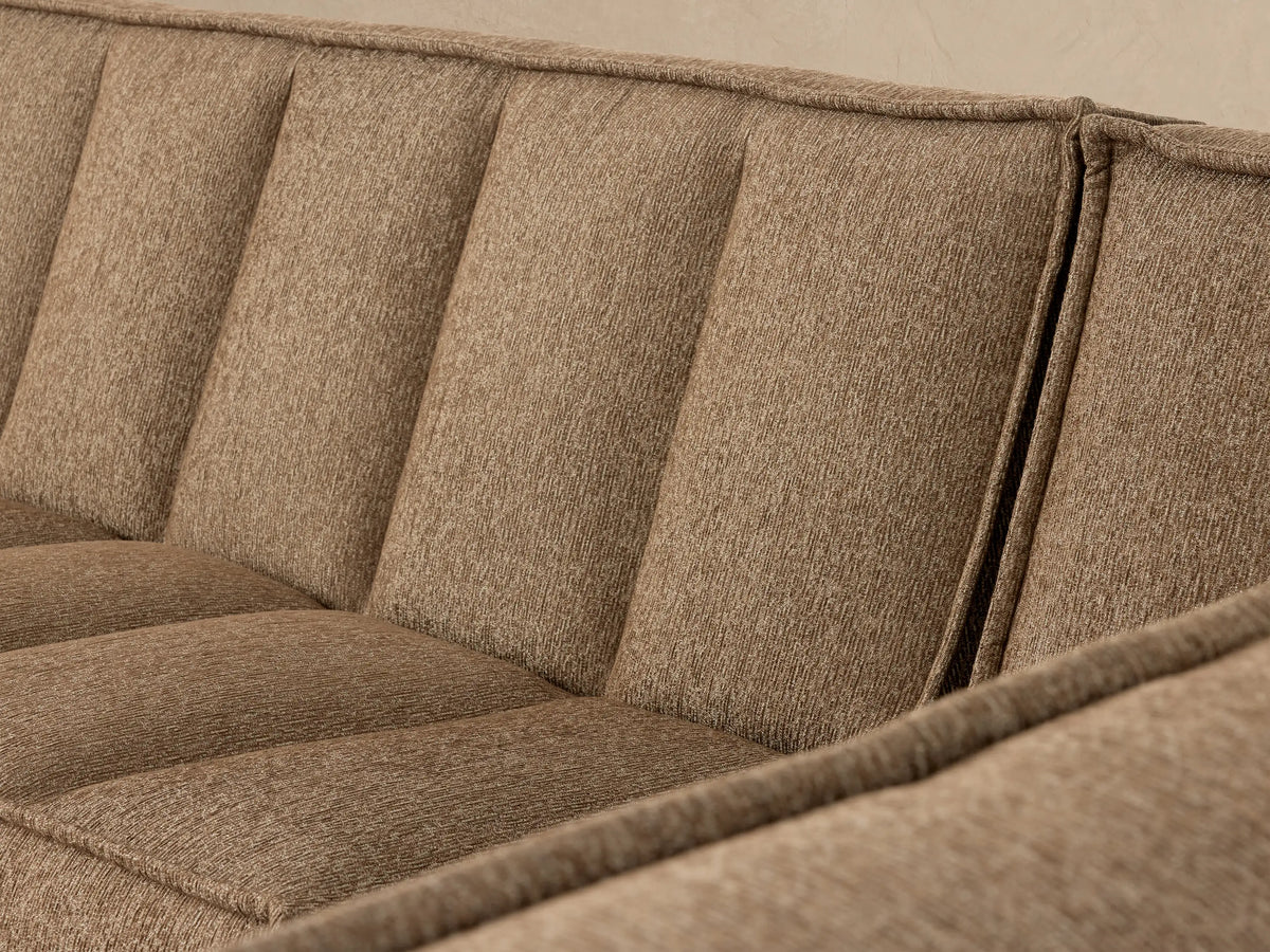 Porto three piece chaise sectional in dark beige fabric with channel stitching
