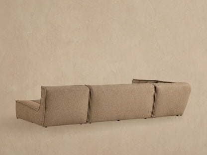 Close up of Porto three piece chaise sectional in dark beige fabric with channel stitching