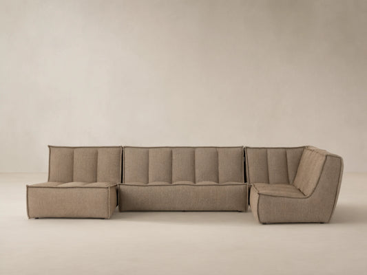 Porto three piece chaise sectional in dark beige fabric with channel stitching