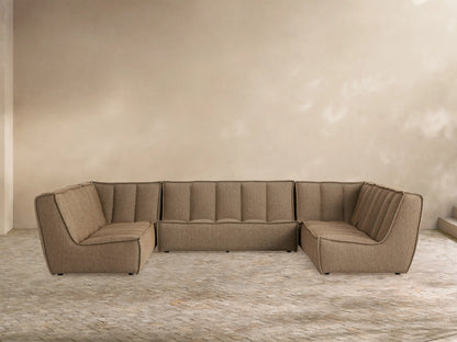 Porto five piece sectional in dark beige fabric with channel stitching