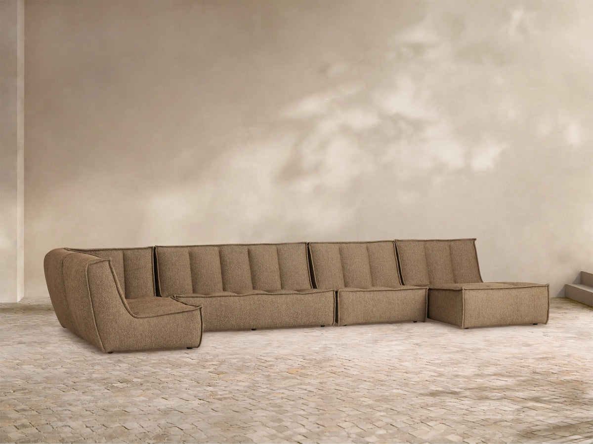 Porto five piece sectional in dark beige fabric with channel stitching