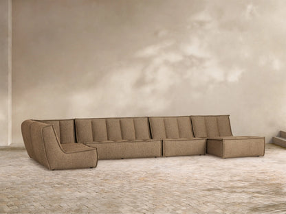 Porto five piece sectional in dark beige fabric with channel stitching