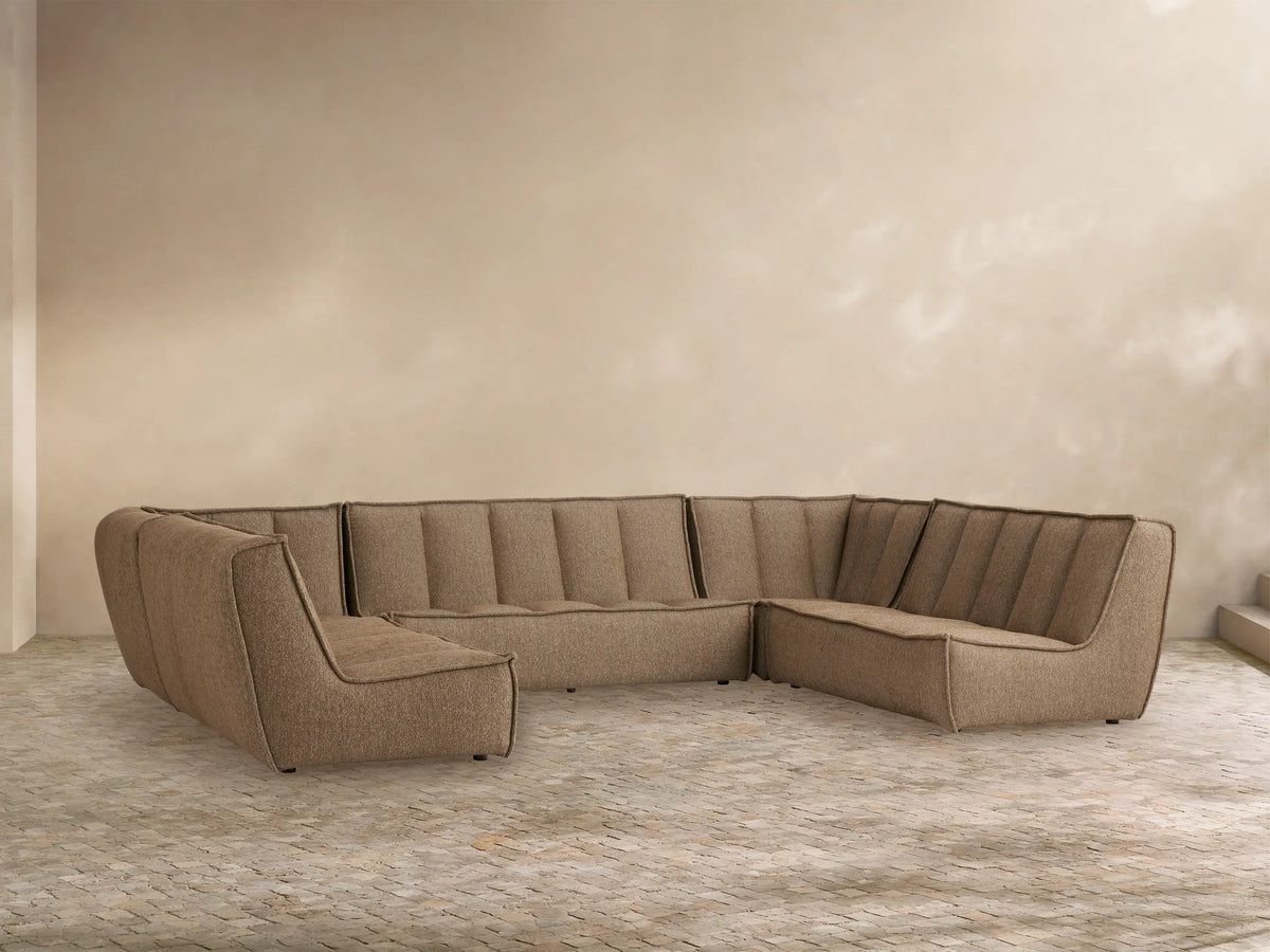 Porto five piece sectional in dark beige fabric with channel stitching