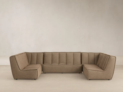 Porto five piece sectional in dark beige fabric with channel stitching