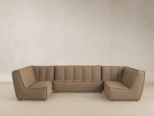 Porto five piece sectional in dark beige fabric with channel stitching