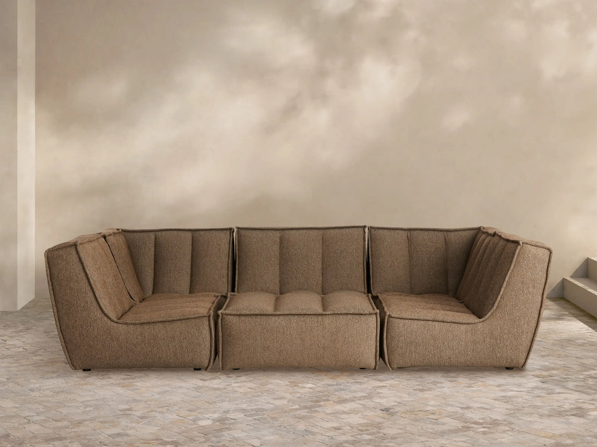 Porto six piece pit sectional in dark beige fabric with channel stitching