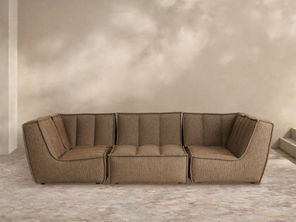 Porto six piece pit sectional in dark beige fabric with channel stitching