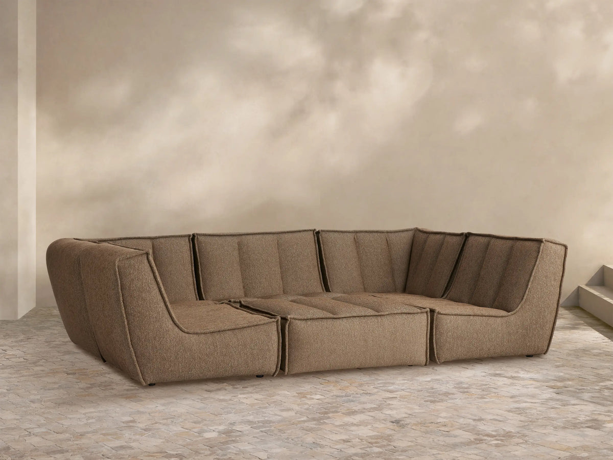 Porto six piece pit sectional in dark beige fabric with channel stitching