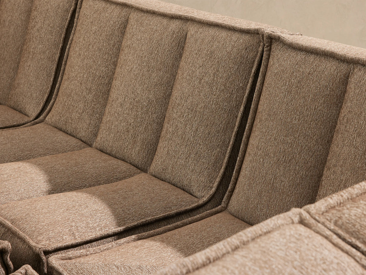 Porto six piece pit sectional in dark beige fabric with channel stitching