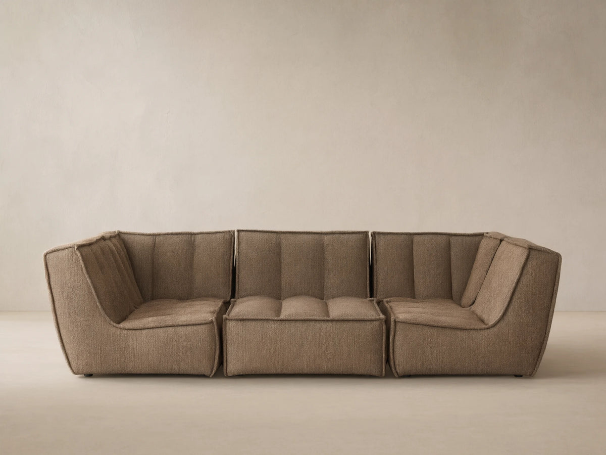 Porto six piece pit sectional in dark beige fabric with channel stitching