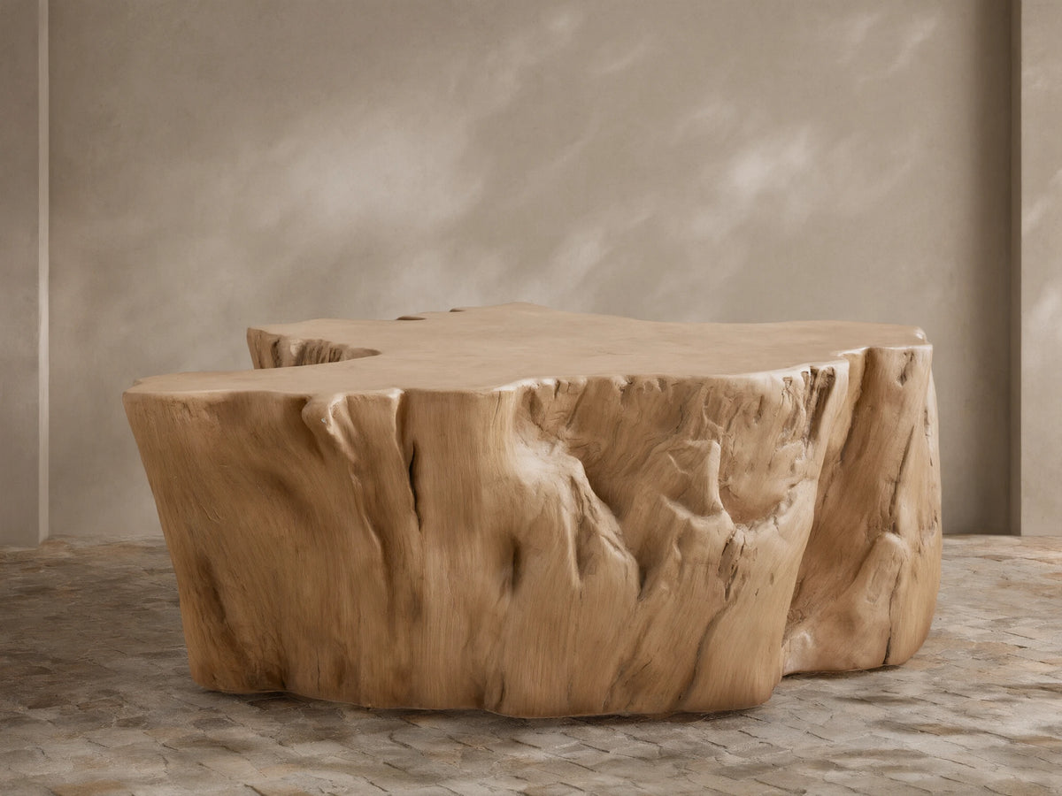 Root Outdoor Coffee Table, light brown concrete, sculpted like a tree root with textured sides, on a stone patio.