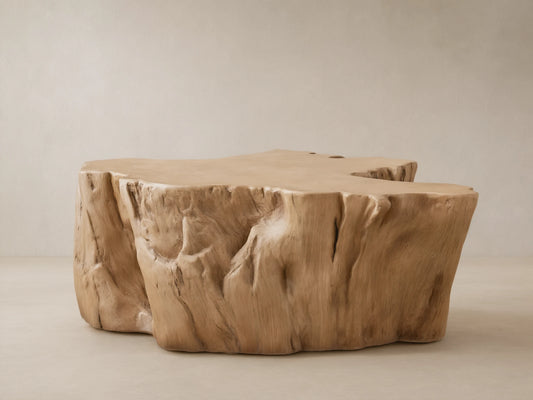 Root Outdoor Coffee Table, light brown concrete, sculpted like a tree root with textured sides, on a stone patio.
