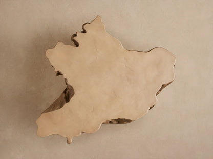 Close-up of a tan Root Outdoor Coffee Table. Smooth, irregular concrete top with organic, textured root-like sides.