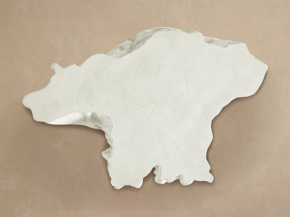 Close-up of bleached concrete root coffee table with smooth top, organic edges, and rough-textured sides.