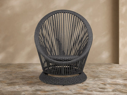 Dark gray Sevilla Outdoor Swivel Chair, round high-back design, woven polyester rope with vertical patterns, textured swivel base.