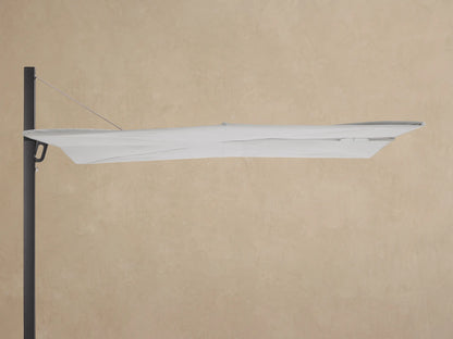 Close-up of Spectra Outdoor Square Umbrella showing its dark gray aluminum frame and articulating arm connected to a light gray canopy.