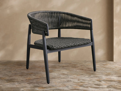Talia Outdoor Aluminum Lounge Chair with a dark gray woven rope back and seat, on a powder-coated aluminum frame, angled right.