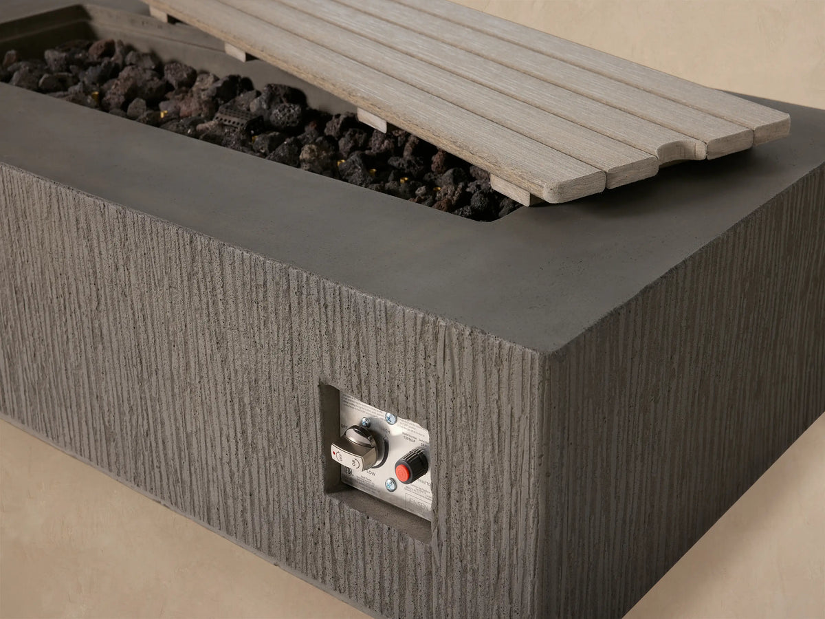 Wilmar Rectangular Propane Fire Pit, dark gray textured concrete with smooth top and rectangular slatted cover.