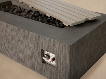 Wilmar Rectangular Propane Fire Pit, dark gray textured concrete with smooth top and rectangular slatted cover.