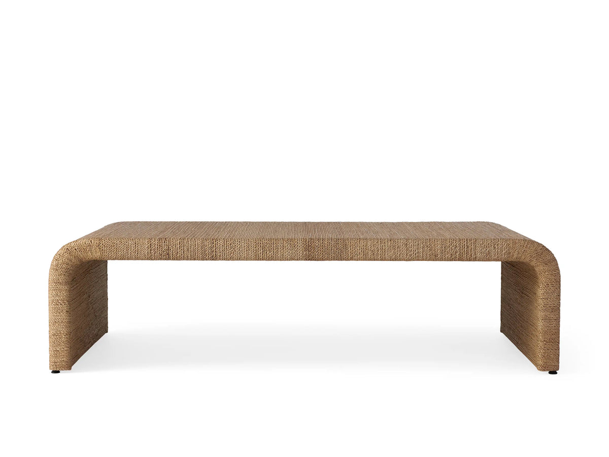Zoya Sunroom Coffee Table featuring a rectangular design with natural abaca fiber rope woven over a flat surface, showing a warm, earthy tone.