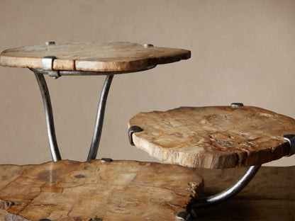 Natural Petrified Wood Triple Tray Server. Three organically shaped, light brown wood slices on dark grey metal supports.