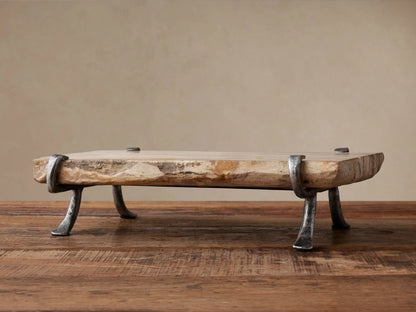 Petrified Wood Serving Board, light-toned with organic edges, held by dark gray wrought iron legs, sitting on a rustic wooden table.