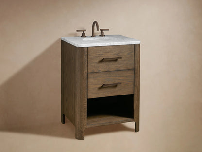 Close-up of Calista Powder Vanity's open oak wood drawer with dark bronze handle, revealing white towels and bottles inside.