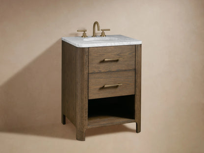Calista Powder Vanity features an open, oak wood drawer with a brass handle, partially stocked with towels and toiletries.