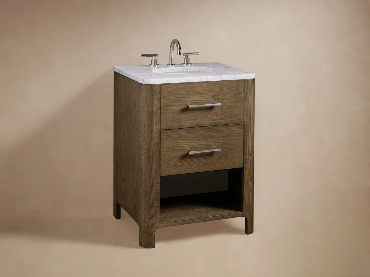 Calista Powder Vanity's wooden drawer partially open, revealing towels, containers, and a sleek metal handle.