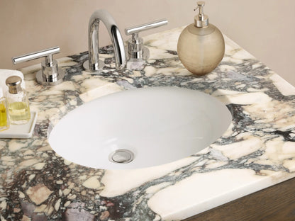 Calista Powder Vanity in dark oak wood with two drawers, polished nickel pulls, mottled marble top, and lower open shelf.