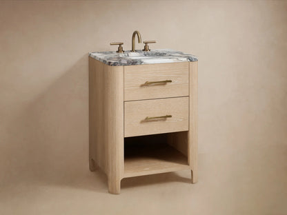 Open drawer of Calista Powder Vanity made from oak wood, revealing neatly folded white towel and small wooden box. Brass hardware visible.