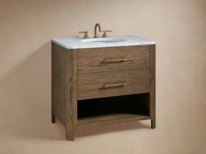 Open oak wood drawer of the Calista Single Vanity, showing soft-close glides, a towel, wooden box, and a jar inside.