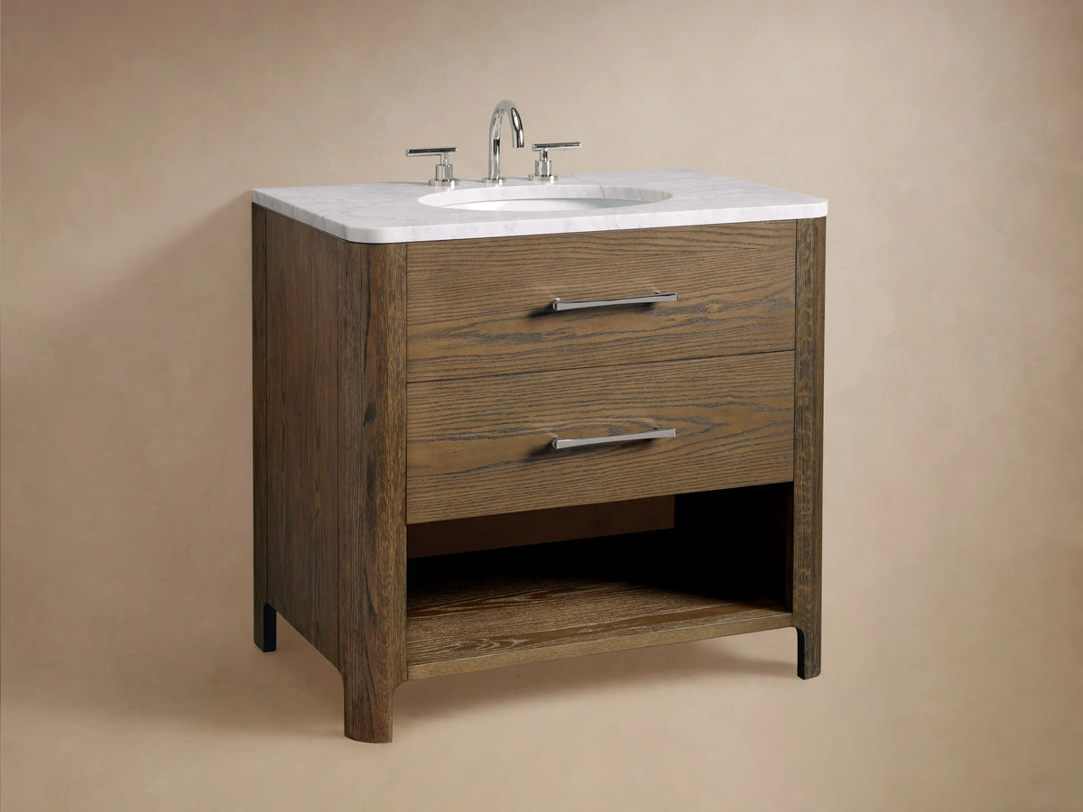 Oak wood shelf of the Calista Single Vanity with small bottles, a sponge, and jars inside, on a tile floor background.