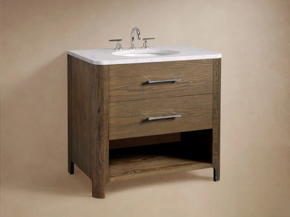 Oak wood shelf of the Calista Single Vanity with small bottles, a sponge, and jars inside, on a tile floor background.