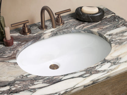 Calista Single Vanity: Medium brown oak wood vanity with two drawers, open shelf, and white marble top with dark veining.