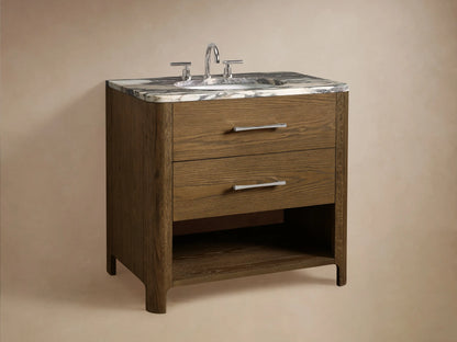 Oak wood vanity shelf with dark finish, holding a white tray with small bottles and sponges, alongside metal containers.