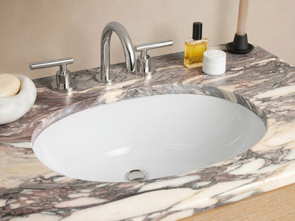Calista Single Vanity with light oak wood finish, two horizontal handles, and a marble stone top set against a neutral backdrop.