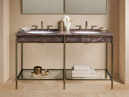 Chelsea Double Washstand: Antique brass frame, Red Levanto marble top with two white sinks, brass faucets, and lower glass shelf.