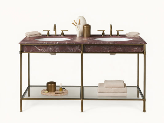 Chelsea Double Washstand: Antique brass frame, Red Levanto marble top with two white sinks, brass faucets, and lower glass shelf.