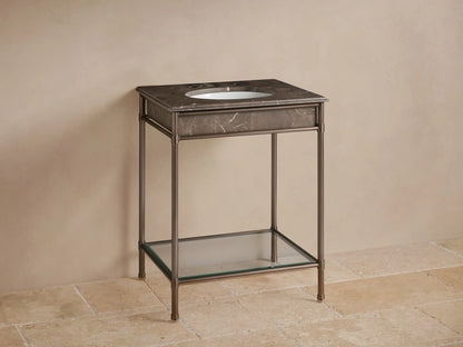 Chelsea Powder Washstand: Brown Espresso marble top with white oval sink & dark faucet, antique bronze frame, glass shelf.